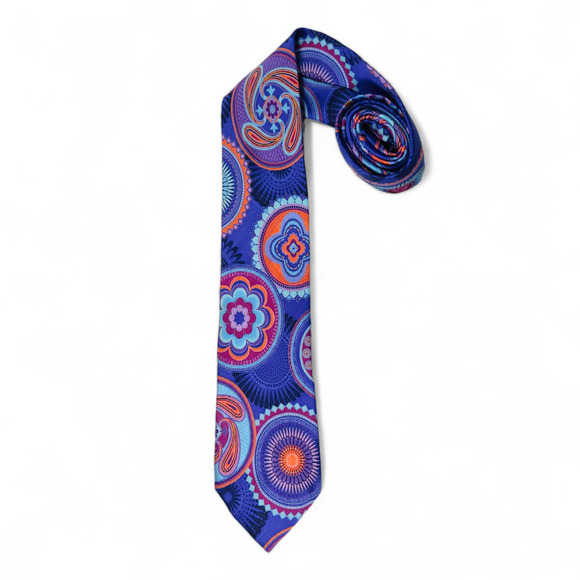 EUC Murano 100% Silk HandTailored Necktie Made USA Navy Orange Geometric Pattern - Picture 1 of 3